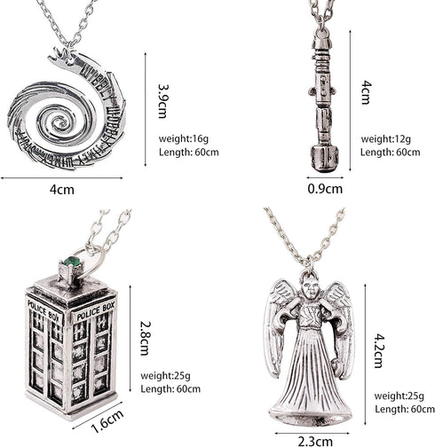 Luomi Doctor Who 4 Pack Different Necklace Wibbly Wobbly Timey Wimey 11th Doctor Sonic Screwdriver Pewter Finish Inspired 3D Police Box...