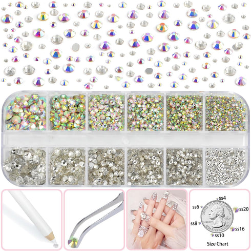 Jewelry Adhesive Glue with Flat Back Rhinestones kit, 6 Sizes 2500Pcs Clear ab clear No Hotfix Rhinestones for Nail Art Craft with Bow Tweezers an...