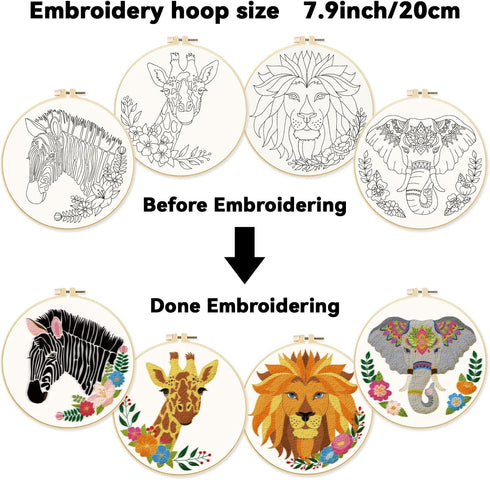 ORIGACH 4 Pcs Wild Animal Embroidery Starters Kit for Beginners, Zebra Lion Elephant Giraffe Embroidery Stitch Practice kit Include Embroidery Clo...