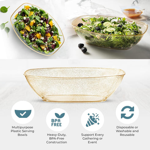 Posh Setting Disposable Oval Serving Bowls, Gold Glitter Plastic Serving Bowls, 4 Pack, 72 Ounce Large Plastic Disposable Party Snack, Buffet, Chi...
