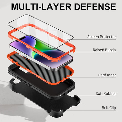 iPhone 14 Case with Belt Clip and 2 Pack Screen Protector - Military Grade Rugged Full Body Phone Case for Men and Women (Black+Orange)...