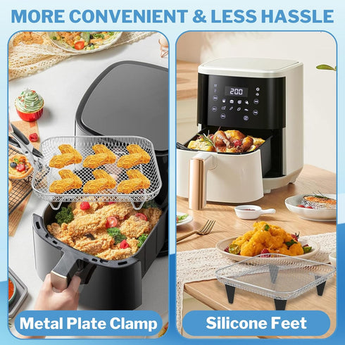 Air Fryer Accessories with 8pcs Foot Cover - 8" Square 3 Stackable Dehydrator Racks Fits 5.8 QT Air Fryer Racks for Cosori, Instant Vortex, Nuwave...
