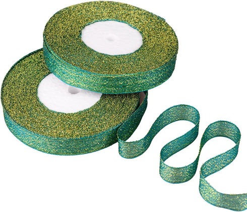 Feyarl Sparkly Green Ribbon 5/8-inch Wide by 50-yards(2 rolls X 25yd) Premium Metallic Glitter Ribbon for Christmas, Crafters, Holiday, Home Deco,...