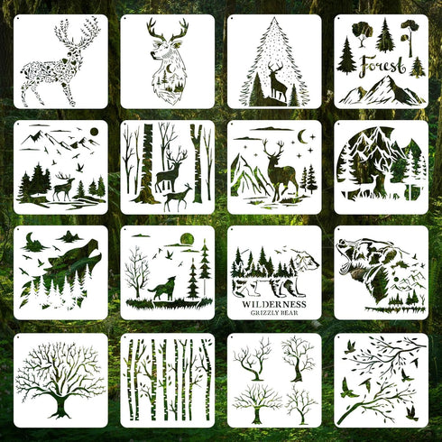 Forest Wildlife Animal Stencils for Painting, 16 Pcs Plastic Reusable Stencils for Kids of Deer Bear Tree Patterns for Painting on Wood Wall Fabri...