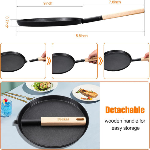 Frying Pan Skillet 8-inch Flat Griddle Pan, Lightweight Grill Pan with Wooden Handle for Camping Indoor Outdoor Cooking...