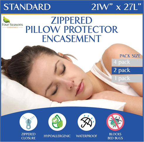 Standard Pillow Protectors (Set of 2) – Zippered Waterproof Pillow Covers Hypoallergenic Dust and Allergen Proof Pillowcase Encasement...