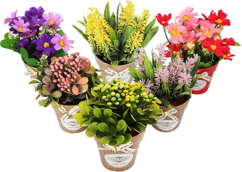 LUEUR Set of 6 Potted Artificial Flowers Fake Flowers with Vase Faux Flowers in Pot, Spring Decor for Home Office Floral Arrangement for Table Din...