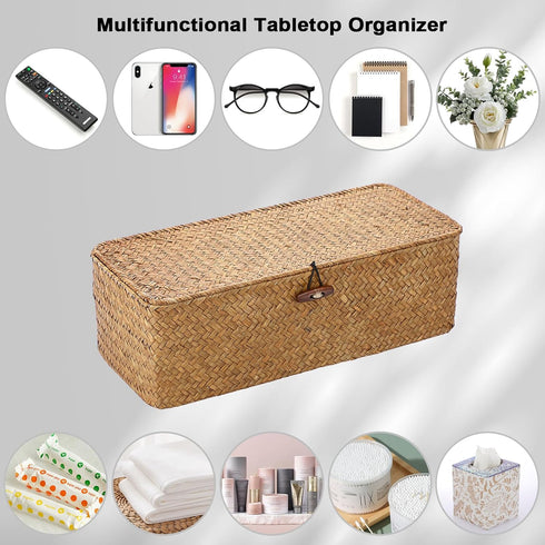 Sumnacon Small Woven Basket for Shelf Wicker Shelf Storage Basket with Sections Seagrass Storage Basket with Lid for Tampon Toiletry Rectangular S...