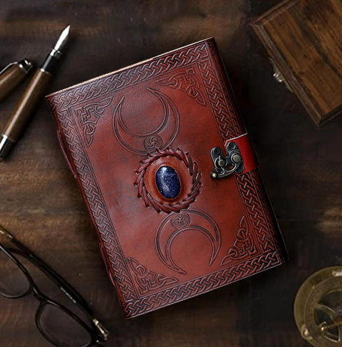 cuero 3 Moon Blue Lapiz Embossed Vintage Leather Journal | 240 Pages of Antique Handmade Deckle Edge Vintage Paper, Leather Sketchbook, Drawing Jo...
