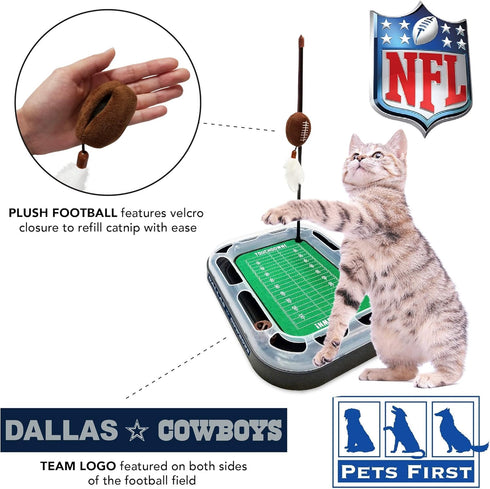 Cat Feather Toy NFL DALLAS COWBOYS FOOTBALL FIELD CAT SCRATCHER TOY with CATNIP Filled Plush FOOTBALL Toy & Feather Cat Toy hanging, with Jingle B...