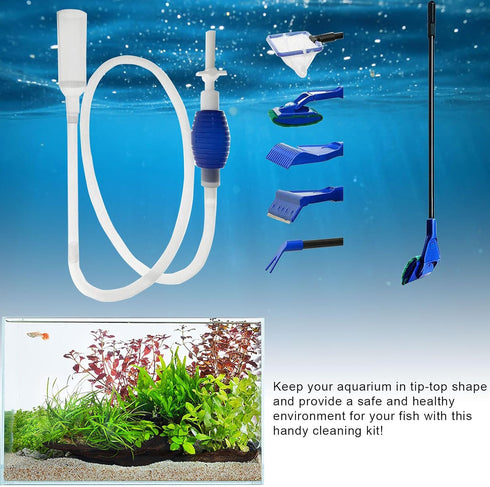 Aquarium Cleaning Tool Set, Fish Tank Cleaner Kit Tools with Handle, Seaweed Scraper, Fishing Net, Sponge Brush, Wall Brush- 5 in 1 & Fish Tank Gr...