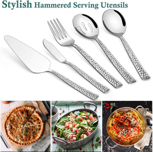 E-far Hammered Serving Utensils, 5-Piece Stainless Steel Square Hostess Serving Set for Buffet Party Kitchen Restaurant, Mirror Finished & Dishwas...