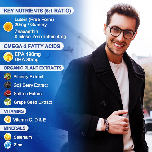 Sugar Free Lutein 20mg & Zeaxanthin Eye Supplement Plus EPA 190mg & DHA 80mg, Eye Vitamins Filled Gummies with Selenium & Zinc, Bilberry, Goji Ber...