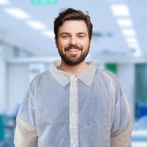 AMZ Disposable Lab Coats for Adults, Medium. White Polypropylene Knee Length Lab Coat Disposable. 30 GSM PPE Coat with 4 Snaps and Elastic Wrists....