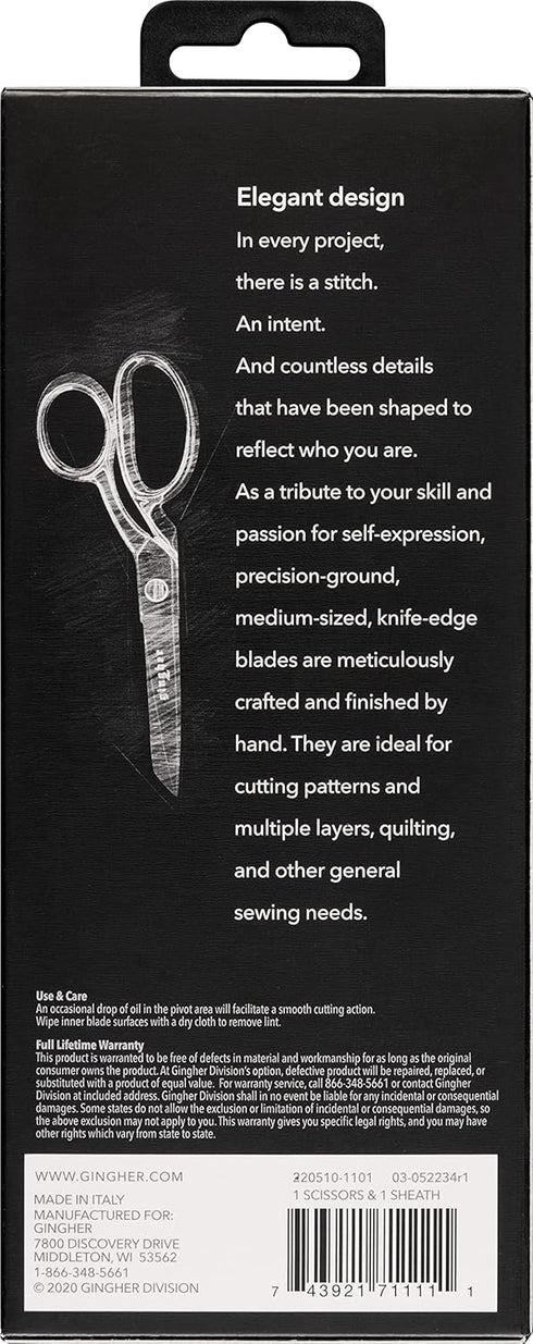 Gingher Dressmaker's Fabric Scissors with Protective Sheath - 7" Stainless Steel Shears - Sharp Knife Edge Fabric Scissors - Silver...