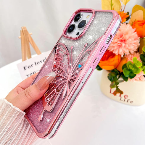 KANGHAR Compatible for iPhone 14 Pro Max Case 6.7 in, Clear Glitter Quicksand 3D Butterfly Bling Case for Women Girls Cute Gradient Sparkle Platin...