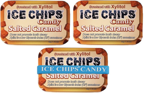 ICE CHIPS Xylitol Candy Tins 5.28 oz total (Salted Caramel, 3 Pack) - Includes BAND as shown...