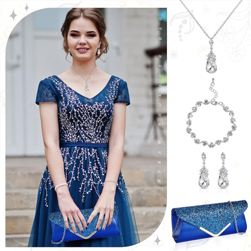 Jadive 4 Pcs Clutch Purses Bag for Women Evening Rhinestone Jewelry Set Bling Necklace Earrings Bracelet for Prom...