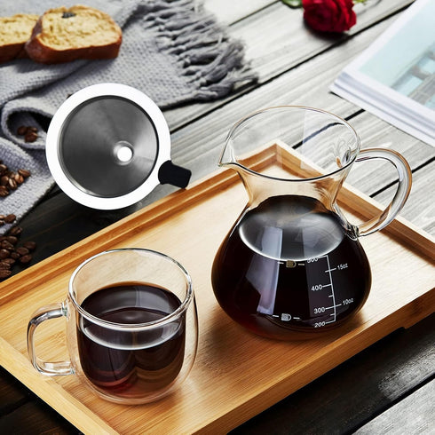 Unbreakable Pour Over Coffee Maker with Double Stainless Filter 17 fl oz, 4-5 Cups, Thickened Heat-Resistant Borosilicate Glass Dripper Coffee Pou...