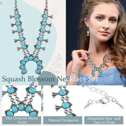 Henoyso 4 Pcs Bohemian Squash Blossom Turquoise Western Jewelry Set Vintage Metal Howlite Necklace Earrings Wrist Chain Ring for Women (Blue Turqu...