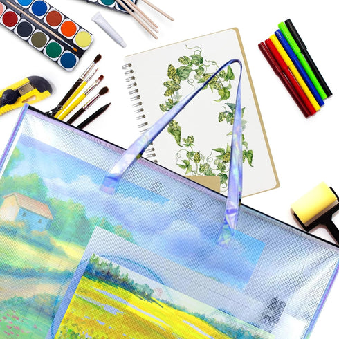 BUSOHA Large Clear Mesh Vinyl Bag with Handle and Zipper,19"X 25" Waterproof Art Storage Bag for Artworks, Charts and Teaching Material Multipurpo...