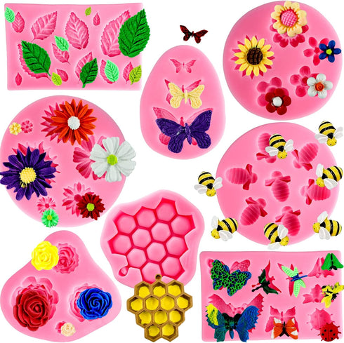 Silicone Mold Flower 8pcs Chocolate Fondant Polymer Clay Candy Gummy Mold,Rose Leaf Butterfly Bee Honey Shaped Silicone Molds for DIY Cake Cupcake...