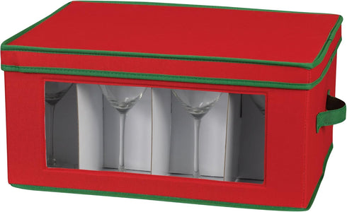 Household Essentials 540RED Holiday China Storage Chest with Lid and Handles, Cocktail Glasses and Red Canvas with Green Trim...