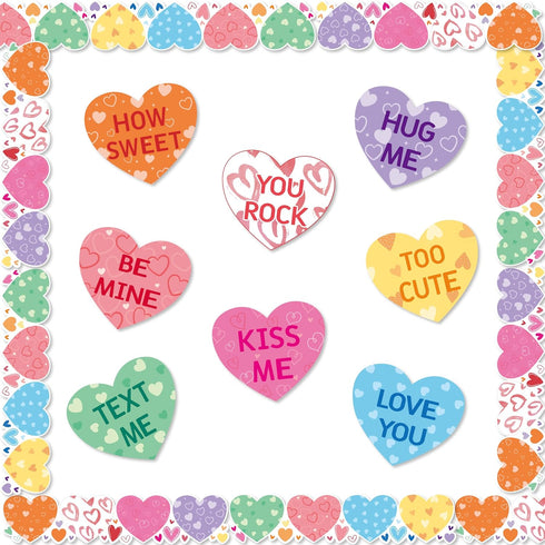 Haooryx 76Pcs Sweet Conversation Heart Cutouts Bulletin Board Set Valentine's Day Candy Heart Paper Cut-Outs Border Trim Bulletin Cardboard for Va...