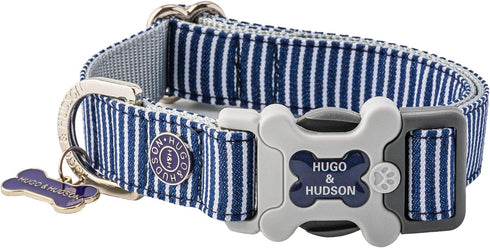 HUGO & HUDSON Dog Collar, Adjustable Nylon Pet Collar with Safety Buckle, Navy Striped, L...