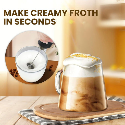 Milk Frother Handheld with Stainless Steel Stand, Battery Operated Whisk Maker Hand Drink Mixer for Lattes, Coffee, Cappuccino, Matcha, Black...