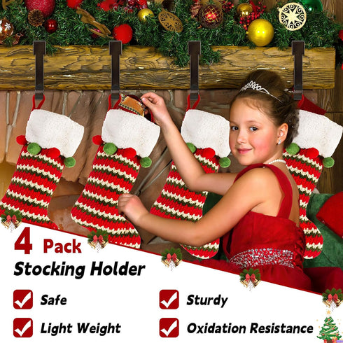Christmas Stocking Holders for Mantle,4 Pack Adjustable Stocking Holder Non-Skid Stocking Hangers Lightweight Stocking Hooks for Fireplace Home De...