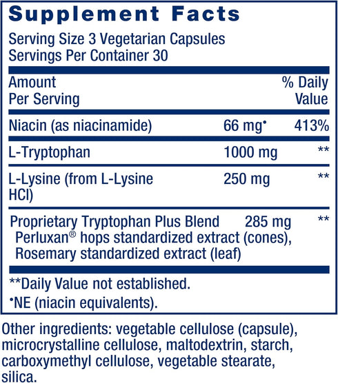 Life Extension Optimized Tryptophan Plus 1000mg - L-Tryptophan Supplement with Niacin and L-Lysine for Healthy Sleep & Stress Response – Gluten-Fr...