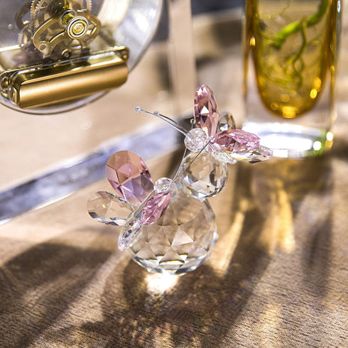H&D HYALINE & DORA Pink Crystal Cut Double Butterfly Collectible Gift, Handmade Art Glass Animal Figurine, Gift Boxed...