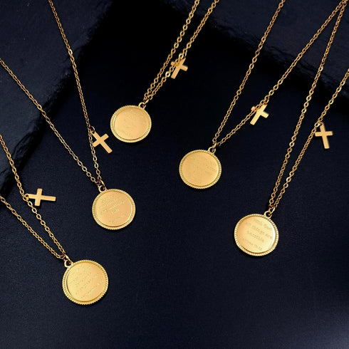 14K Gold Plated Engraved Coin Pendant Necklace for Women Christian Bible Verse Cross Necklace Prayer Faith Religious Jewelry Gifts...