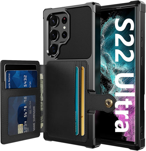 for Samsung Galaxy S22 Ultra Case with Card Holder, Compatible with Magnetic Car Mount, Heavy Duty Shockproof Rugged Soft TPU Back Leather Flip Wa...