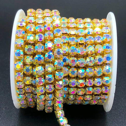 1 Roll 5 Yards Large Crystal Rhinestones Close Chain, 5mm SS24 Rhinstone Chain Trim, Sew on Crystal Claw Cup Chain Roll (Gold Base + Crystal AB, S...