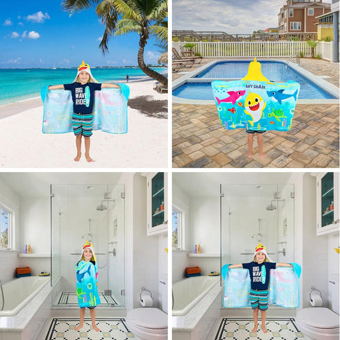 Franco Baby Shark Bath/Pool/Beach Soft Cotton Terry Hooded Towel Wrap, 24 in x 50 in, Kids...