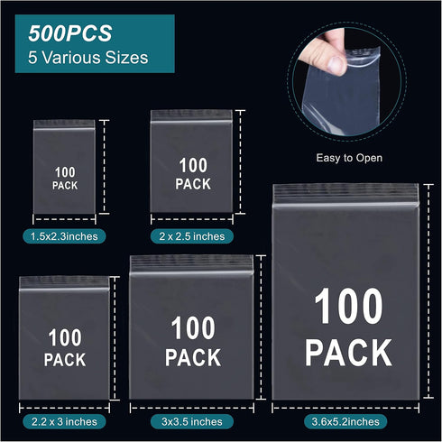 500 Pcs Small Plastic Bags, Small Zip Lock Bags, Mini Baggies, Jewelry Bags Clear Plastic, 5 Assorted Sizes, Resealable Poly Bags for Pill, Storag...