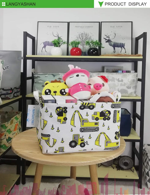 LANGYASHAN Rectangular Storage Bin Collapse Canvas Fabric Cartoon Storage Basket with Handles for Organizing Home Kitchen Boys and Girls Toys Offi...