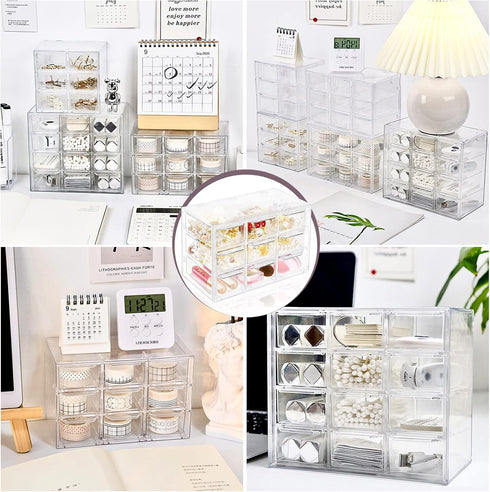 Desk Storage Organizer with 9 Mini Drawers, FODIENS Clear Desktop Craft Drawer Cabinet, Stackable Storage Box Caddy for Makeup Jewelry Office Craf...
