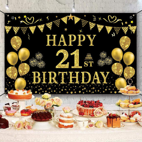 Trgowaul 21st Birthday Decorations for her him, Men Women Black Gold 21st Birthday Backdrop Banner, 21 Years Old Party Supplies Photography Backgr...
