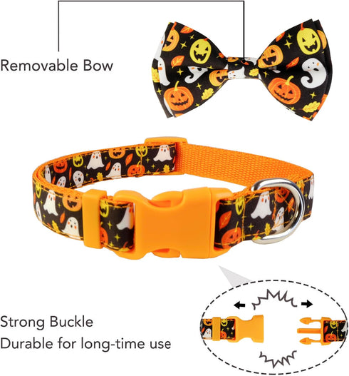 Halloween Dog Collar with Bow tie, Ghost and Pumpkin Holiday Pet Collar for Small Medium Large Dog Puppies...