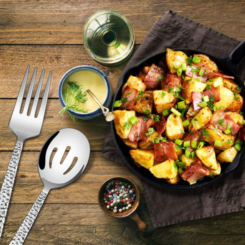 E-far Hammered Serving Utensils, 5-Piece Stainless Steel Square Hostess Serving Set for Buffet Party Kitchen Restaurant, Mirror Finished & Dishwas...