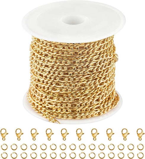 Kyutong Gold Necklace Chain for Jewelry Making 16.4 Feet Stainless Steel Jewelry Chain Bulk 3MM Wide Figaro Chains with Lobster Clasps Jump Rings ...