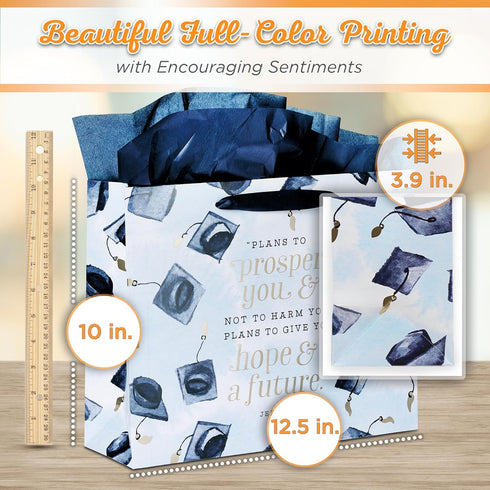 Christian Art Gifts Landscape Gift Bag with Card and Tissue Paper Set - Hope and A Future - Jeremiah 29:11 Inspirational Bible Verse, Navy Graduat...