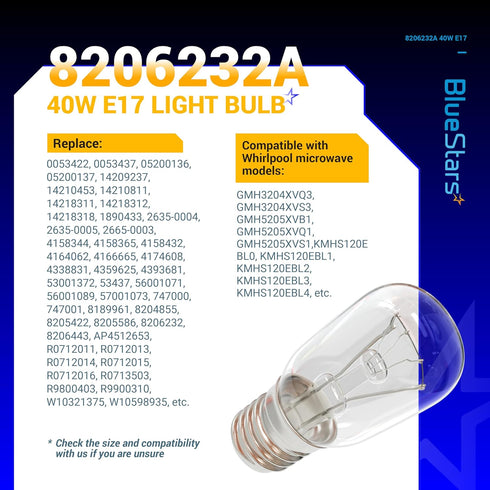 BlueStars 8206232A Microwave Oven Light Bulb 40W 125V E17 Base, Compatible with Whirlpool Under Hood Microwave Bulb, Lava Lamp, Salt Lamp Bulbs, R...