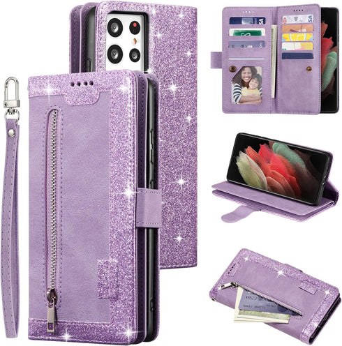 UEEBAI Wallet Case for Samsung Galaxy S21 Ultra 5G, Retro 9 Card Holder Slots Zipper Pocket PU Leather Handbag Cover Magnetic Closure Kickstand wi...