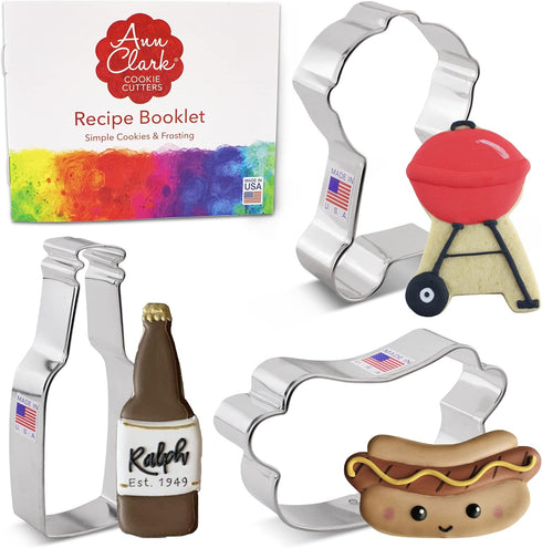 Father's Day BBQ Gril Cookie Cutters 3-Pc Set Made in the USA by Ann Clark, Beer/Soda Bottle, Hot Dog, BBQ Grill...