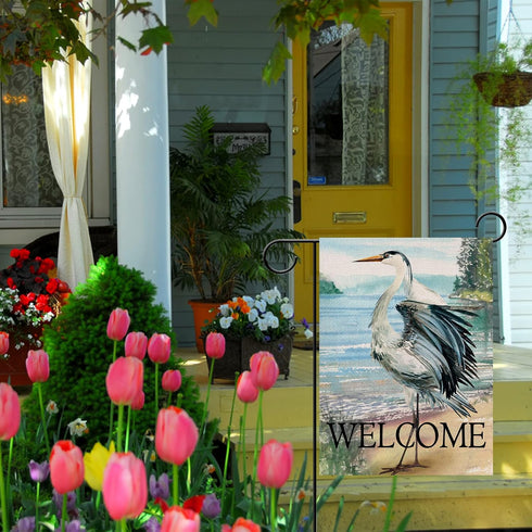 Welcome Spring Summer Seabird Coastal Beach Small Decorative Garden Flag, Blue Heron Yard Bird Sea Lake Ocean Home Outside Decoration, Nautical Tr...