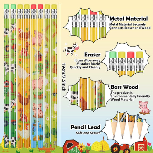 72 Pieces Farm Animal Pencils with Eraser, Assorted Pencils for Kids Cute Sheep Pig Pencils Novelty Fun Wooden Pencils for Students Reward Prize C...